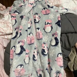 Gray hooded penguin onesie with zipper
